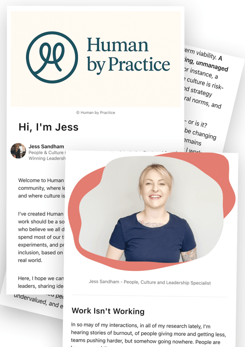 A collage featuring the Human by Practice logo, a webpage introduction titled “Hi, I'm Jess,” and a photo of Jess smiling in front of a light background.